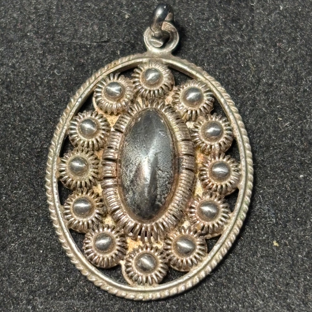 Pendant Silver Vintage‎ Ornate Solid .925 Sterling Oval Puffed Cabochon Sunburst